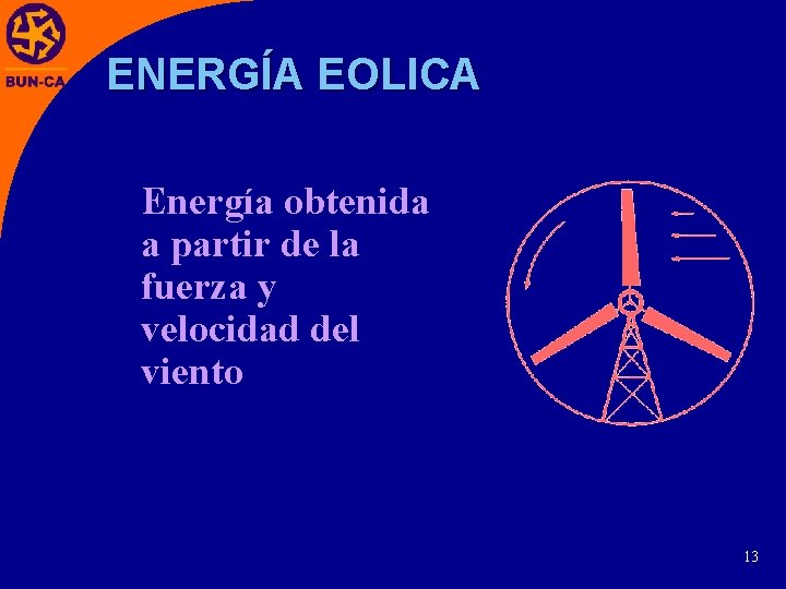 ENERGÍA EOLICA Energía obtenida a partir de la fuerza y velocidad del viento 13