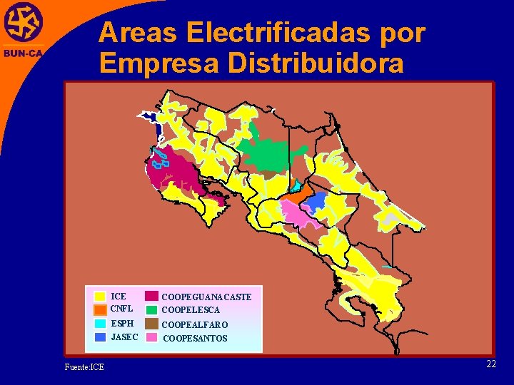 Areas Electrificadas por Empresa Distribuidora Fuente: ICE CNFL COOPELESCA ESPH COOPEALFARO JASEC COOPESANTOS COOPEGUANACASTE