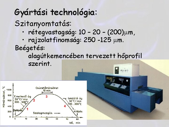 Gyártási technológia: Szitanyomtatás: • rétegvastagság: 10 – 20 – (200) m, • rajzolatfinomság: 250