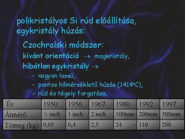 polikristályos Si rúd előállítása, egykristály húzás: Czochralski módszer: kívánt orientáció magkristály, hibátlan egykristály –