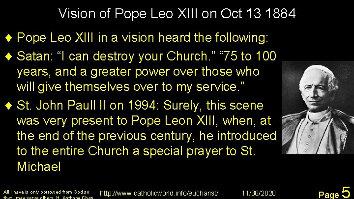 Vision of Pope Leo XIII on Oct 13 1884 ¨ Pope Leo XIII in