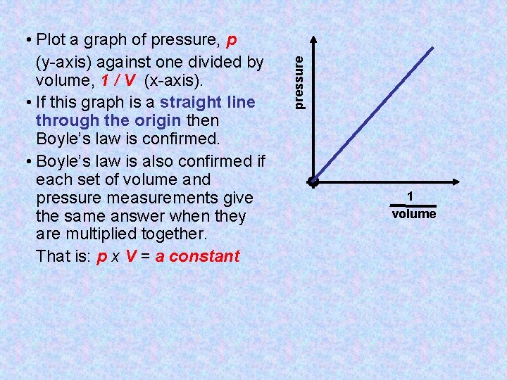 pressure • Plot a graph of pressure, p (y-axis) against one divided by volume,