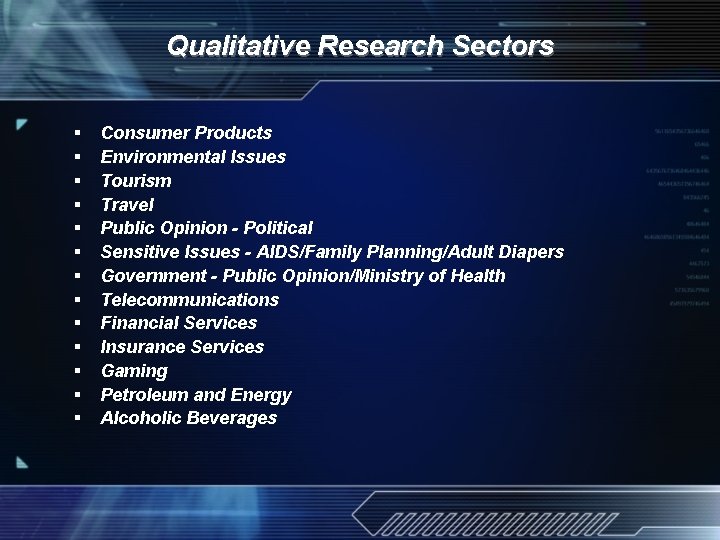 Qualitative Research Sectors § § § § Consumer Products Environmental Issues Tourism Travel Public