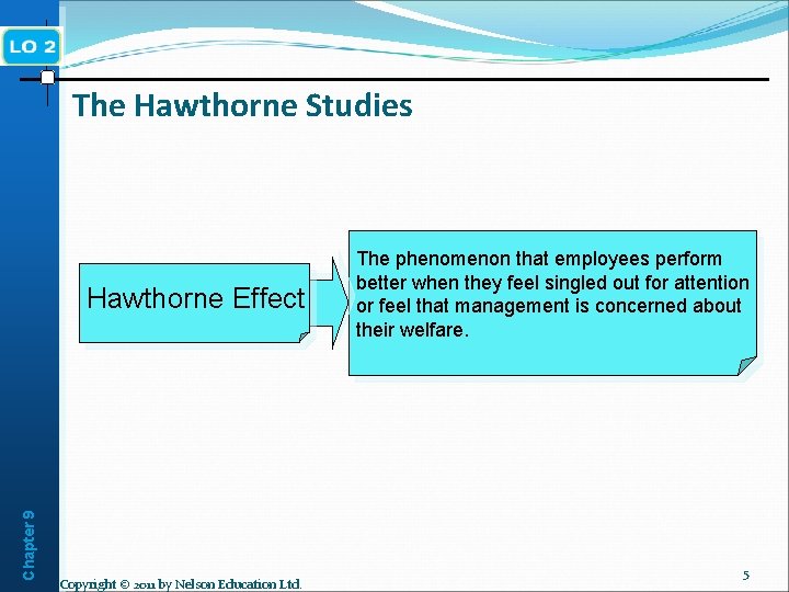 The Hawthorne Studies Chapter 9 Hawthorne Effect Copyright © 2011 by Nelson Education Ltd.