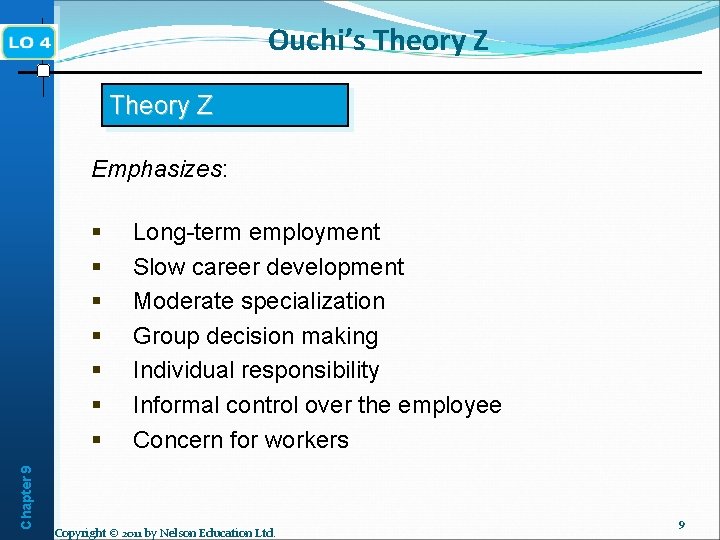 Ouchi’s Theory Z Emphasizes: Chapter 9 § § § § Long-term employment Slow career Ouchi’s Theory Z Emphasizes: Chapter 9 § § § § Long-term employment Slow career