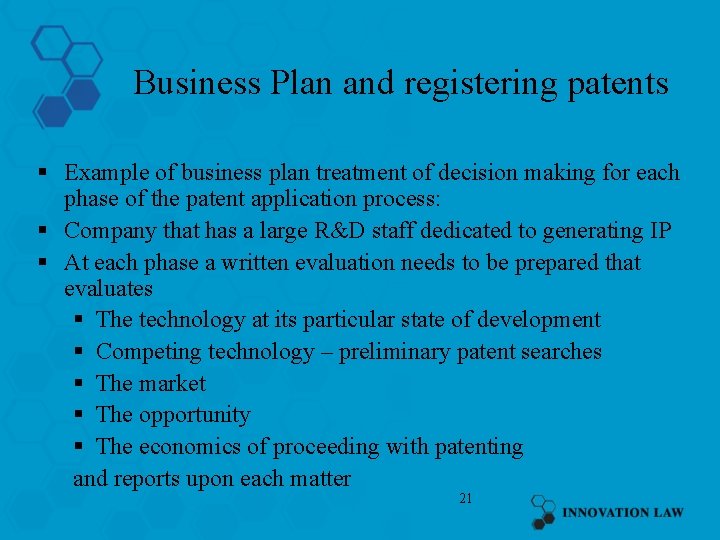 Business Plan and registering patents § Example of business plan treatment of decision making