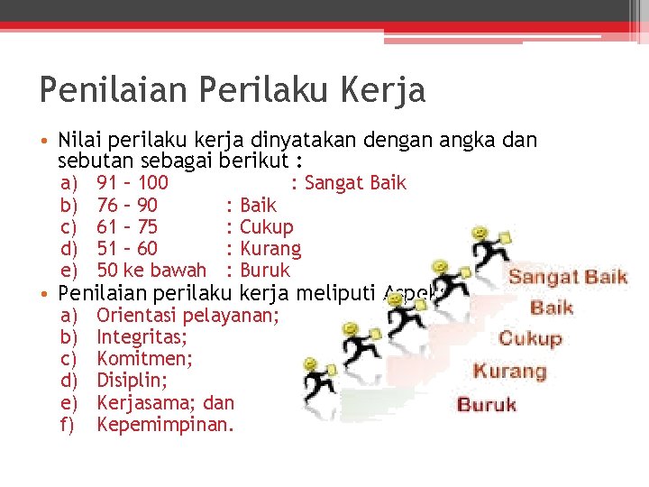 Penilaian Perilaku Kerja • Nilai perilaku kerja dinyatakan dengan angka dan sebutan sebagai berikut