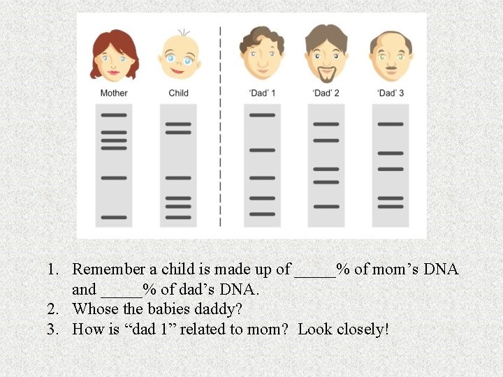 1. Remember a child is made up of _____% of mom’s DNA and _____%