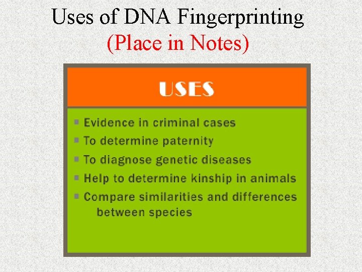 Uses of DNA Fingerprinting (Place in Notes) Uses of DNA Fingerprinting (Place in Notes)