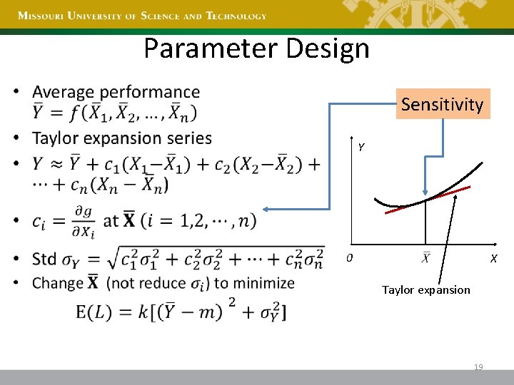 Parameter Design • Sensitivity Y 0 X Taylor expansion 19 