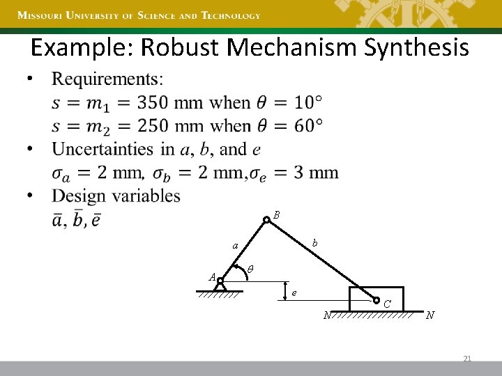 Example: Robust Mechanism Synthesis B b a A e N C N 21 