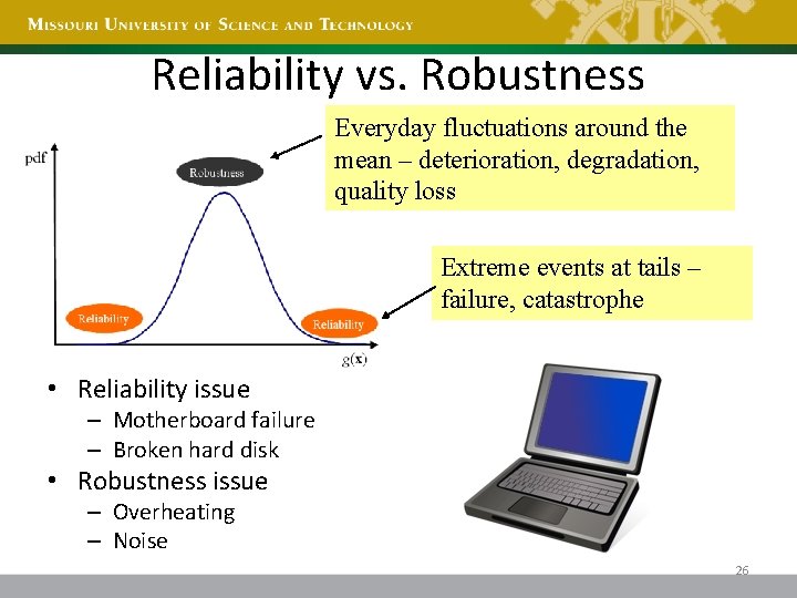 Reliability vs. Robustness Everyday fluctuations around the mean – deterioration, degradation, quality loss Extreme