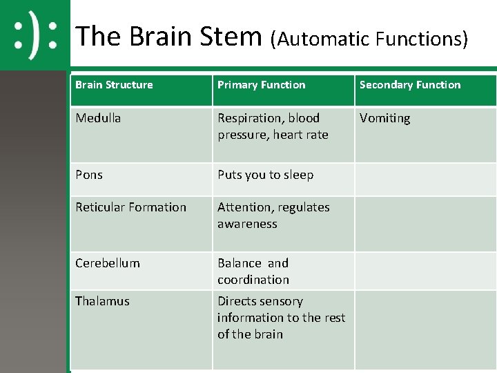 The Brain Stem (Automatic Functions) Brain Structure Primary Function Secondary Function Medulla Respiration, blood