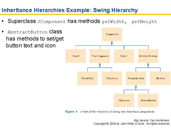 Inheritance Hierarchies Example: Swing Hierarchy • Superclass JComponent has methods get. Width, get. Height