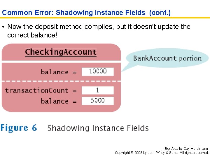 Common Error: Shadowing Instance Fields (cont. ) • Now the deposit method compiles, but