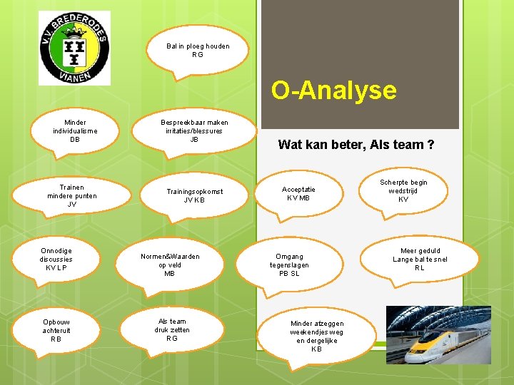 Bal in ploeg houden RG O-Analyse Minder individualisme DB Trainen mindere punten JV Onnodige