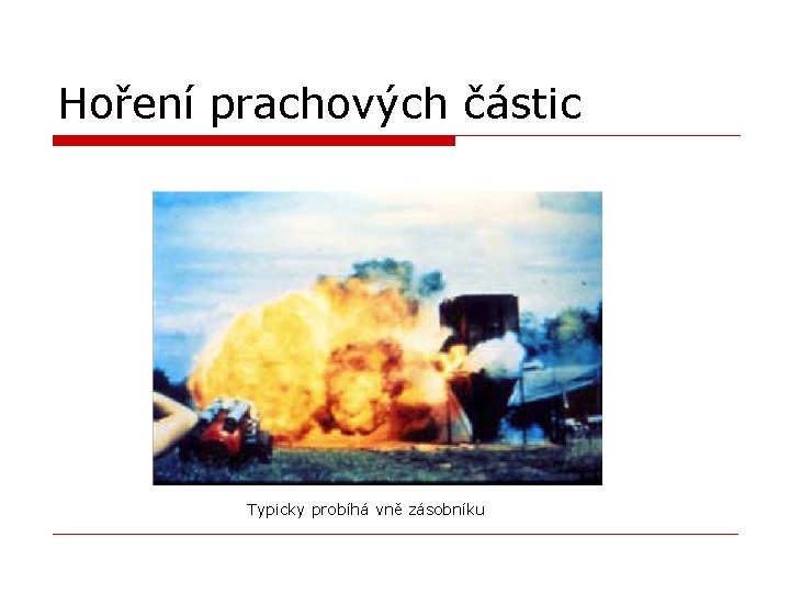 Hoření prachových částic Typicky probíhá vně zásobníku 