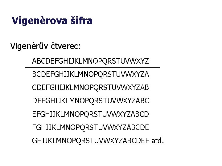 Vigenèrova šifra Vigenèrův čtverec: ABCDEFGHIJKLMNOPQRSTUVWXYZ BCDEFGHIJKLMNOPQRSTUVWXYZA CDEFGHIJKLMNOPQRSTUVWXYZAB DEFGHIJKLMNOPQRSTUVWXYZABC EFGHIJKLMNOPQRSTUVWXYZABCD FGHIJKLMNOPQRSTUVWXYZABCDE GHIJKLMNOPQRSTUVWXYZABCDEF atd. 