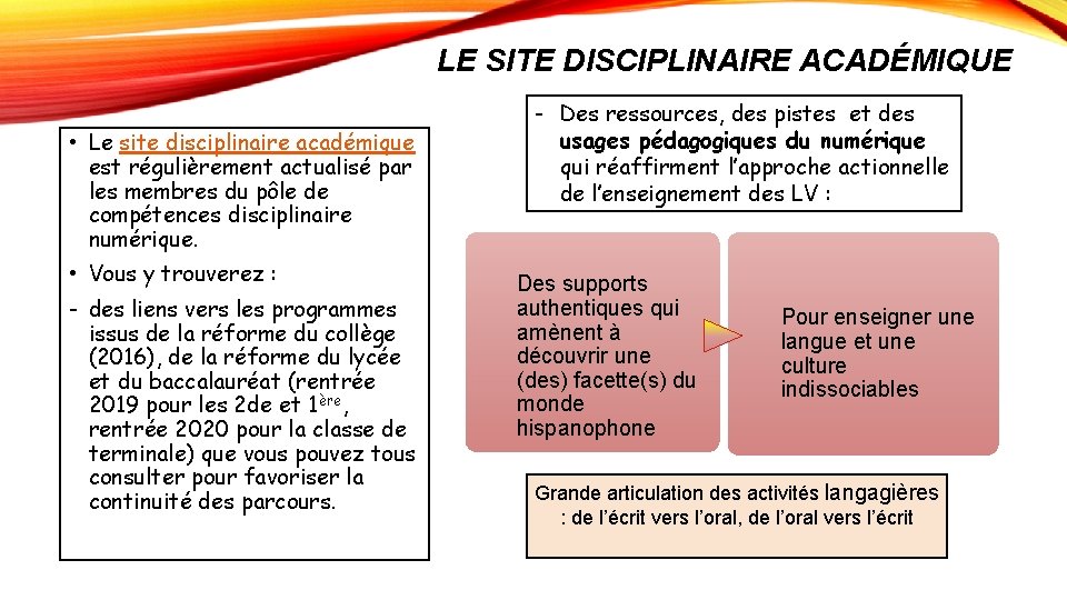 LE SITE DISCIPLINAIRE ACADÉMIQUE • Le site disciplinaire académique est régulièrement actualisé par les