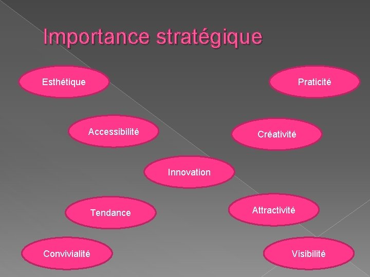 Importance stratégique Esthétique Praticité Accessibilité Créativité Innovation Tendance Convivialité Attractivité Visibilité 