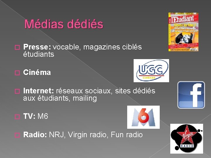 Médias dédiés � Presse: vocable, magazines ciblés étudiants � Cinéma � Internet: réseaux sociaux,