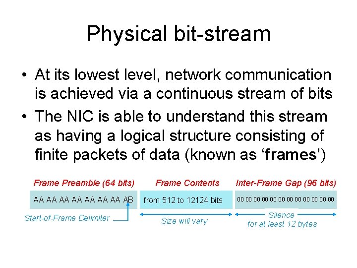 Physical bit-stream • At its lowest level, network communication is achieved via a continuous Physical bit-stream • At its lowest level, network communication is achieved via a continuous