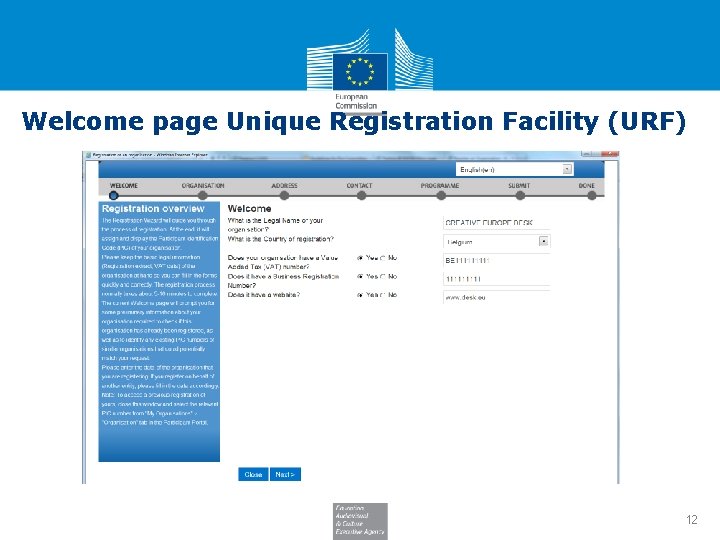 Welcome page Unique Registration Facility (URF) 12 