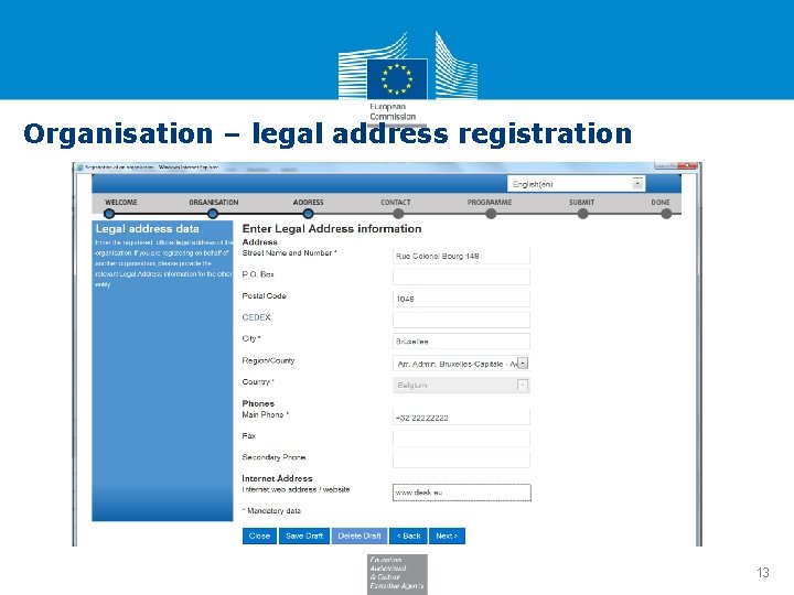 Organisation – legal address registration 13 