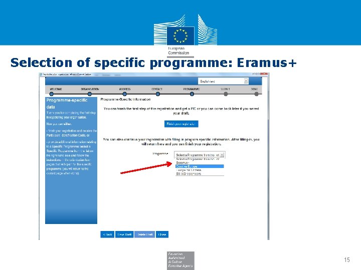 Selection of specific programme: Eramus+ 15 