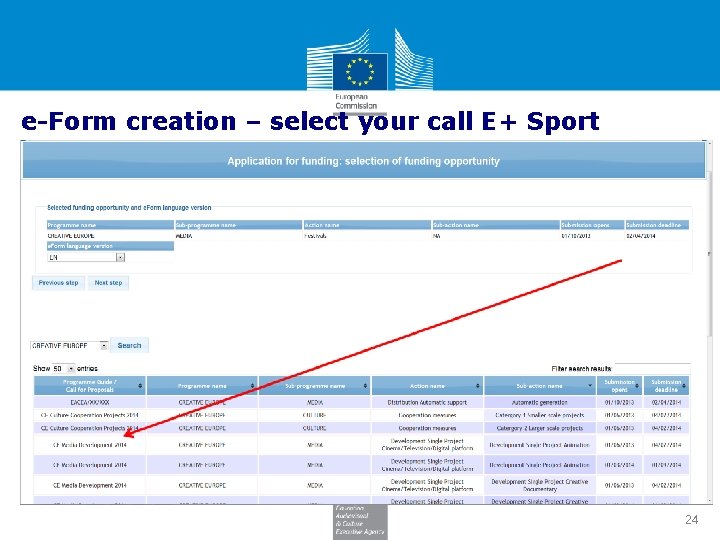 e-Form creation – select your call E+ Sport 24 