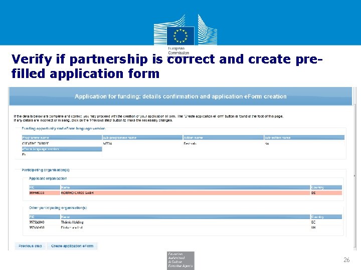 Verify if partnership is correct and create prefilled application form 26 