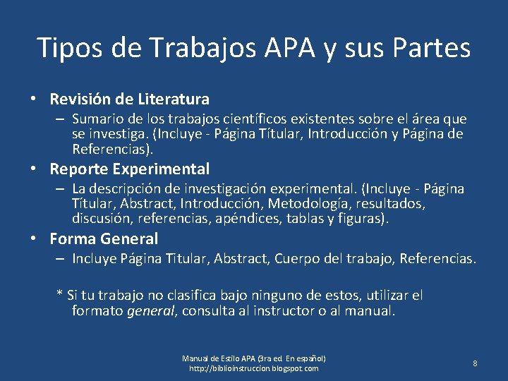 Tipos de Trabajos APA y sus Partes • Revisión de Literatura – Sumario de