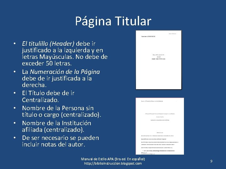 Página Titular • El titulillo (Header) debe ir justificado a la izquierda y en