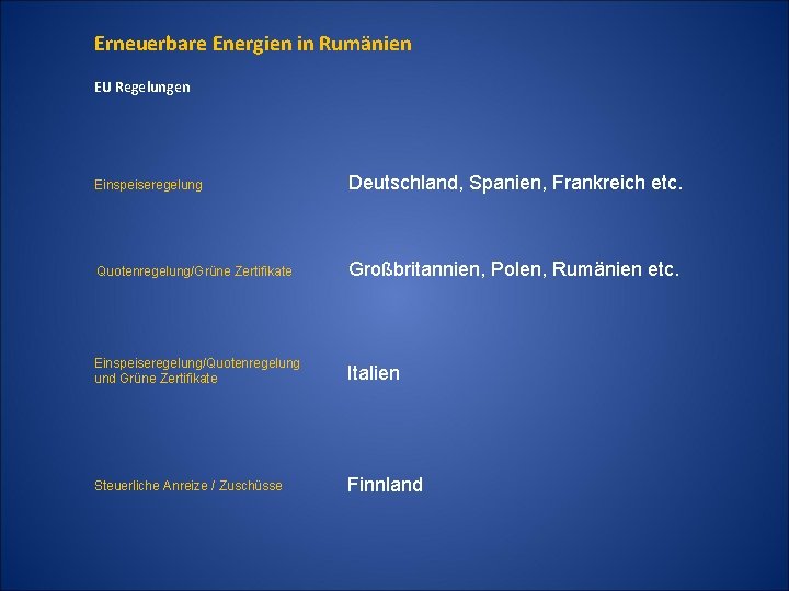 Erneuerbare Energien in Rumänien EU Regelungen Einspeiseregelung Deutschland, Spanien, Frankreich etc. Quotenregelung/Grüne Zertifikate Großbritannien,