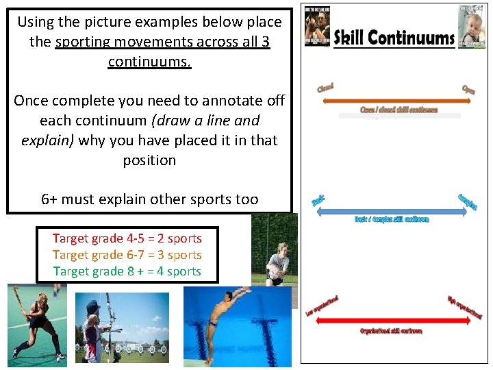 Using the picture examples below place the sporting movements across all 3 continuums. Once