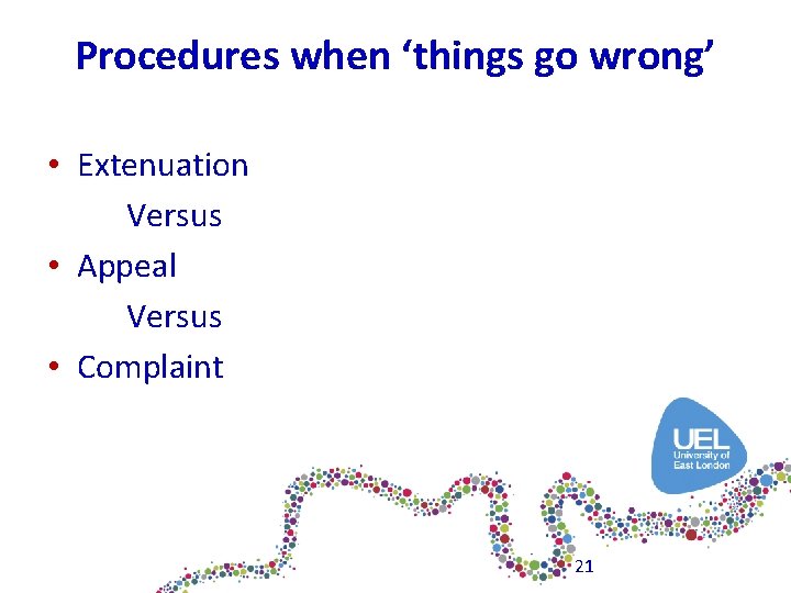 Procedures when ‘things go wrong’ • Extenuation Versus • Appeal Versus • Complaint 21