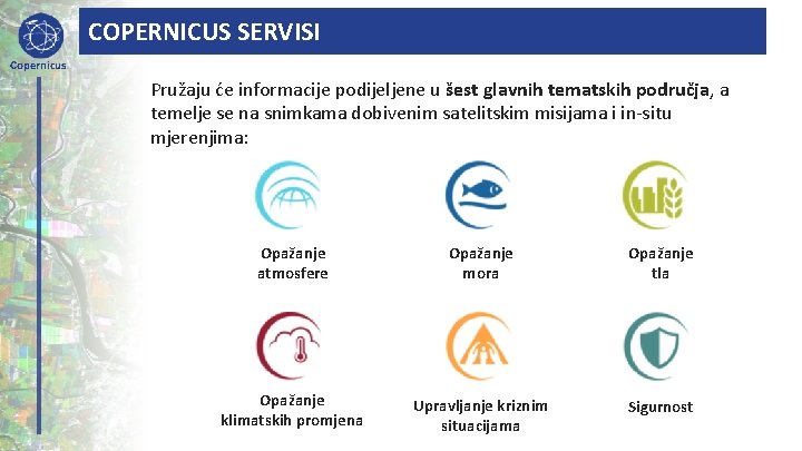 COPERNICUS SERVISI Copernicus Pružaju će informacije podijeljene u šest glavnih tematskih područja, a temelje