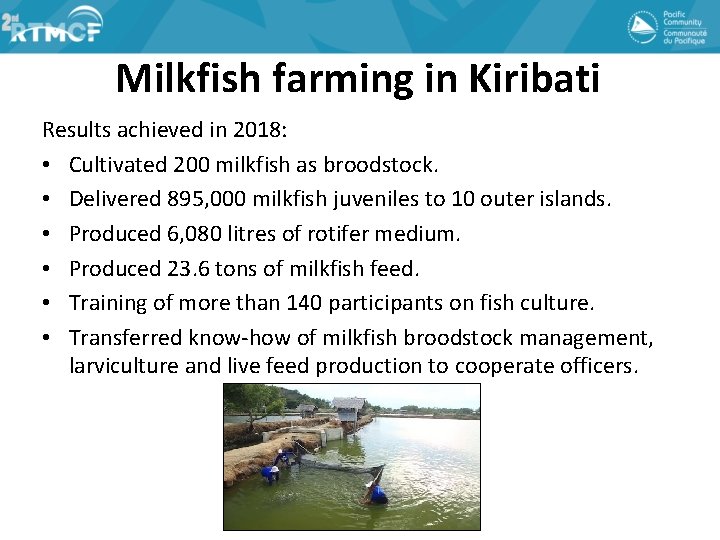 Milkfish farming in Kiribati Results achieved in 2018: • Cultivated 200 milkfish as broodstock.