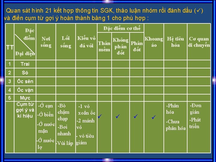 Quan sát hình 21 kết hợp thông tin SGK, thảo luận nhóm rồi đánh