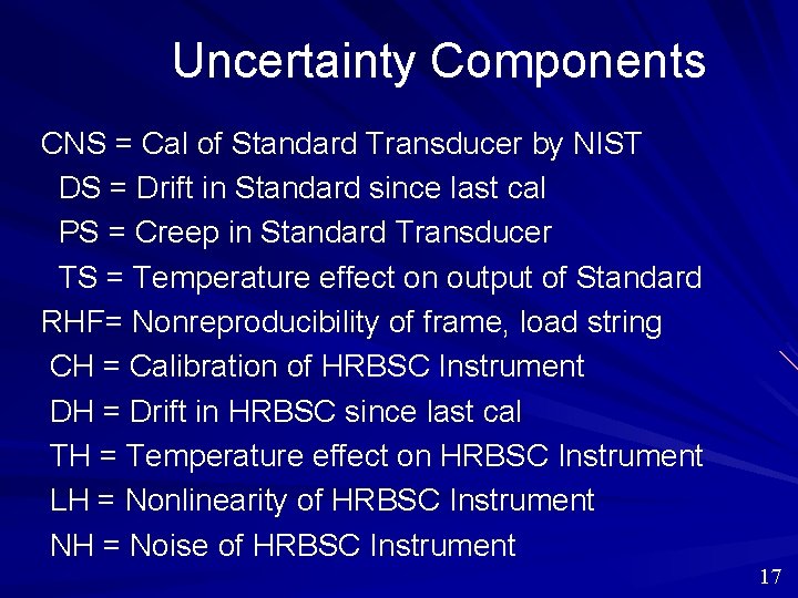 Uncertainty Components CNS = Cal of Standard Transducer by NIST DS = Drift in