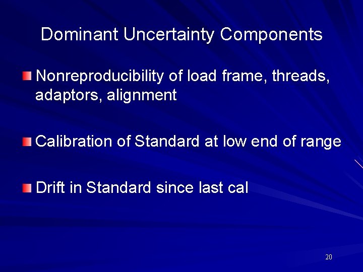 Dominant Uncertainty Components Nonreproducibility of load frame, threads, adaptors, alignment Calibration of Standard at