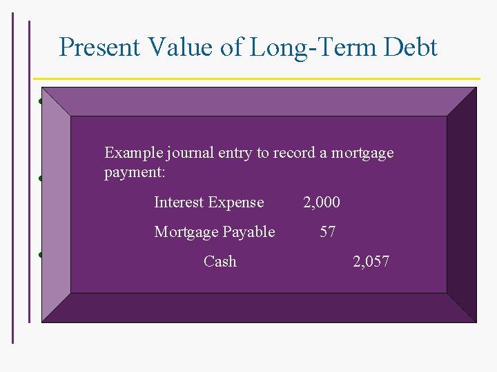 Present Value of Long-Term Debt • A liability should be reported at the amount