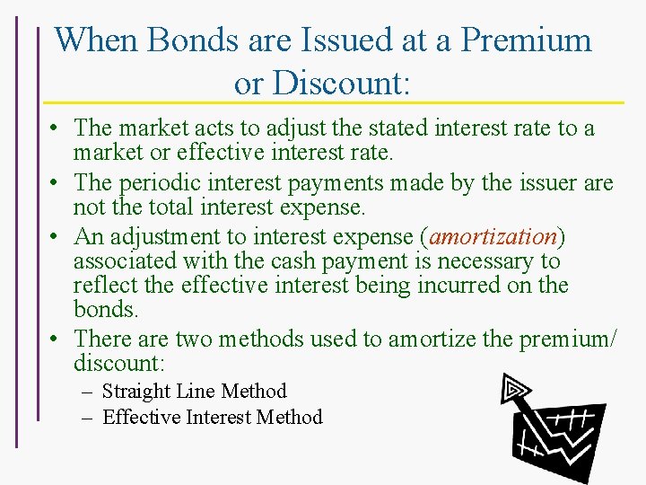 When Bonds are Issued at a Premium or Discount: • The market acts to