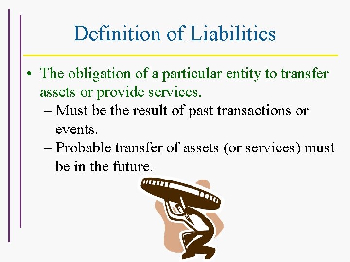Definition of Liabilities • The obligation of a particular entity to transfer assets or