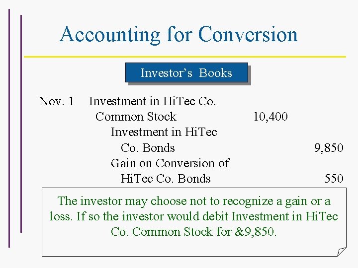 Accounting for Conversion Investor’s Books Nov. 1 Investment in Hi. Tec Co. Common Stock