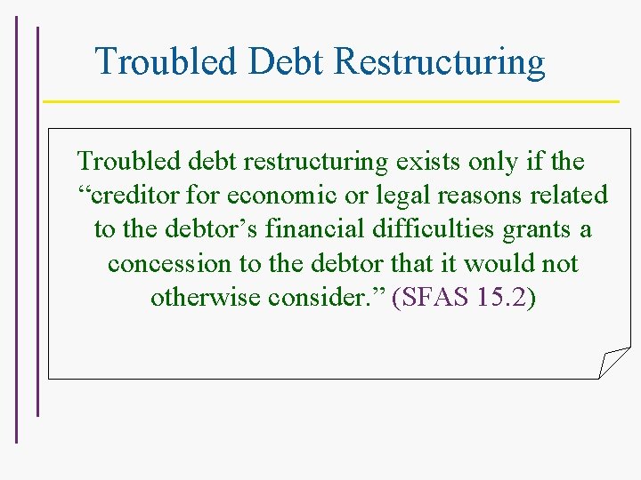Troubled Debt Restructuring Troubled debt restructuring exists only if the “creditor for economic or