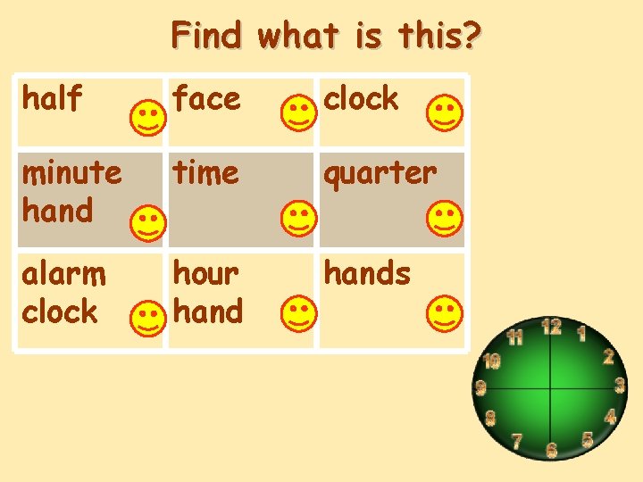 Find what is this? half face clock minute hand time quarter alarm clock hour