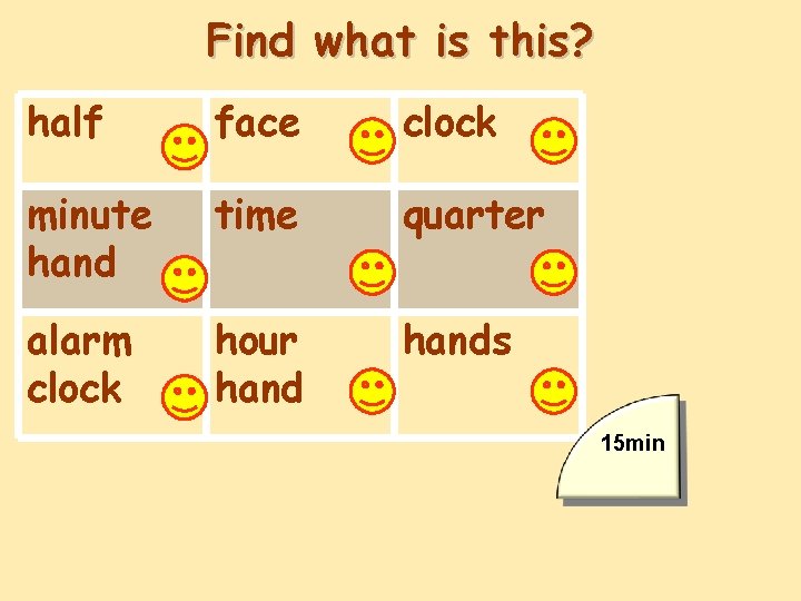 Find what is this? half face clock minute hand time quarter alarm clock hour