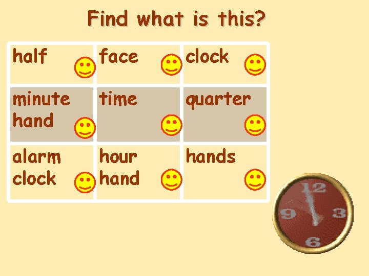 Find what is this? half face clock minute hand time quarter alarm clock hour