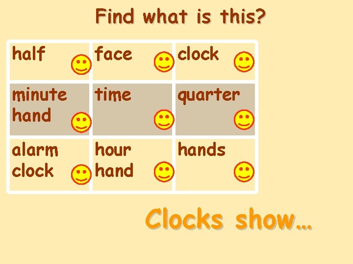 Find what is this? half face clock minute hand time quarter alarm clock hour